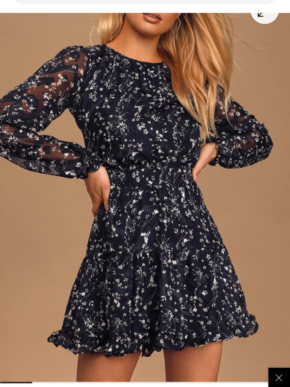 Lulu's Navy & White Floral Long-Sleeve Mini Dress
